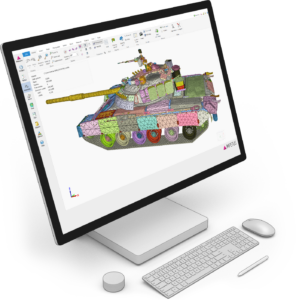 3D model of a computer monitor showing a tank in IMPETUS Solver GUI